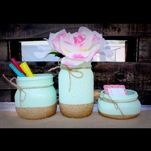 Mason Jar Desk Set! Mint and Gold Glitter